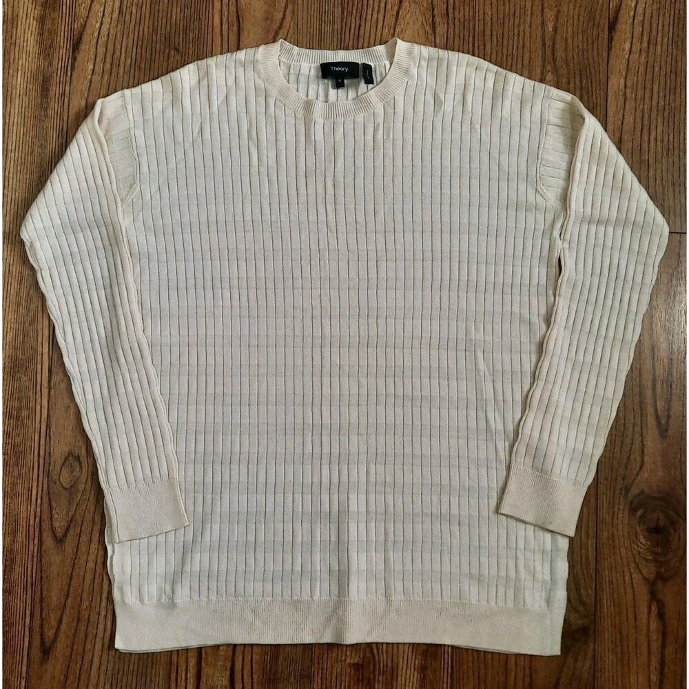 Theory Hilson Refined Merino Wool Striped Knit Sweater Crewneck Cream Ivory Sz M
